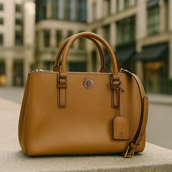 NEW Tory Burch Robinson Mini Double-Zip Tigers Eye Tan Leather Tote Bag/Satchel - Picture 1 of 14